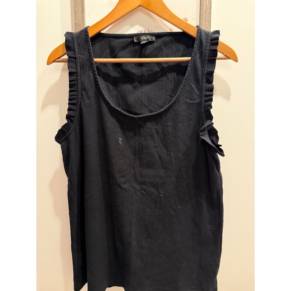 J.Crew Black Ribbed Ruffle Scoop neck tank Casual Office Work Top XL‎